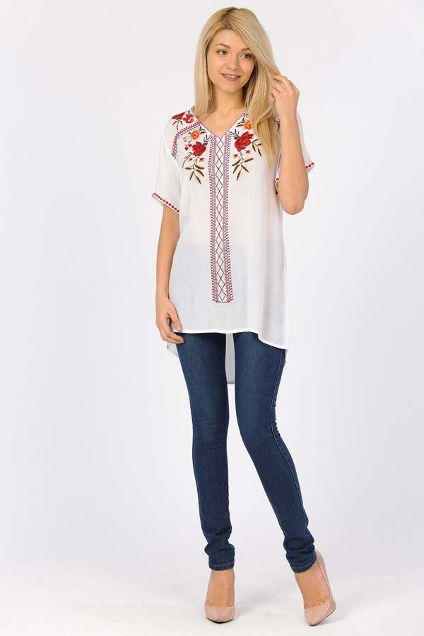 Tunic Top - White/With/Red Embroidery
